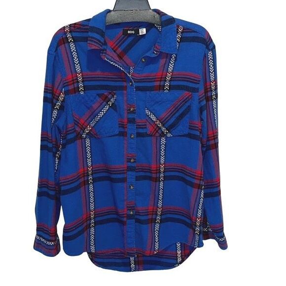 BDG Womens Flannel Long Sleeve Button Down Shirt Blue Red Size Medium - Picture 2 of 8